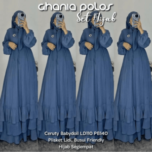 Ghania Polos Plisket Set Hijab Segi Empat By Aishaa- Denim